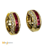 18K Yellow Gold 0.70ctw Diamond and Princess-Cut Ruby Huggie Earrings