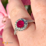 14k White Gold 0.94ct Ruby and 0.26ctw Diamond Halo Cocktail Ring Size 7.5