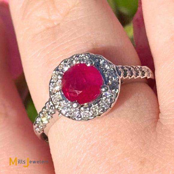 14k White Gold 0.94ct Ruby and 0.26ctw Diamond Halo Cocktail Ring Size 7.5