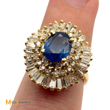 Vintage 14K Yellow Gold 1.09ct Blue Sapphire and 1.79ctw Diamond Cluster Halo Ring Size 7.25