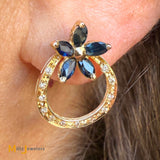 18k Yellow Gold 1.2ctw Blue Sapphire Flower and 0.12ctw Diamond Loop Earrings