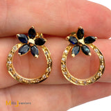 18k Yellow Gold 1.2ctw Blue Sapphire Flower and 0.12ctw Diamond Loop Earrings