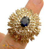 Vintage 14K Yellow Gold 1.53ct Blue Sapphire and 4.96ctw Diamond Cluster Ring