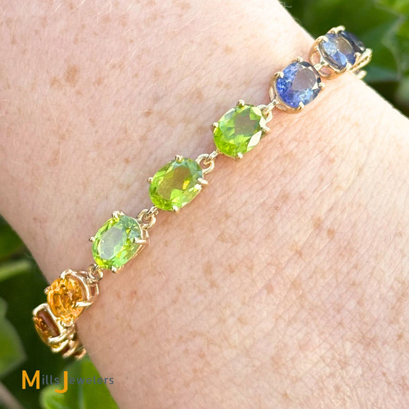 14K Yellow Gold Multicolor Oval Gemstone Tennis Link Bracelet 6.5