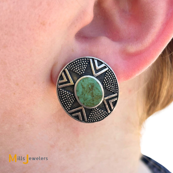 Signed Woods Sterling Silver 925 Shadowbox Green Turquoise Post Earrings