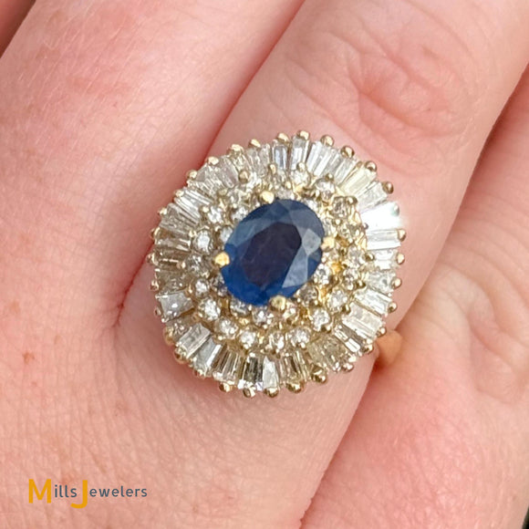 Vintage 14K Yellow Gold 1.09ct Blue Sapphire and 1.79ctw Diamond Cluster Halo Ring Size 7.25