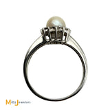Vintage 14K White Gold 0.21ctw Diamond and 1.6ct Cultured Pearl Halo Ring Size 8