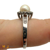 Vintage 14K White Gold 0.21ctw Diamond and 1.6ct Cultured Pearl Halo Ring Size 8