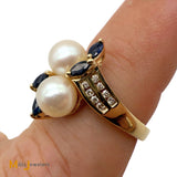 14K Yellow Gold 4.20ctw Pearl 0.32ctw Sapphire 0.24ctw Diamond Cluster Ring Size 7