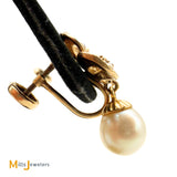 Vintage 14K Yellow Gold 0.12ctw Diamond and Seed Pearl Bow Screw Back Dangle Earrings