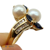 14K Yellow Gold 4.20ctw Pearl 0.32ctw Sapphire 0.24ctw Diamond Cluster Ring Size 7