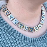 Sterling Silver 925 Turquoise Chip Inlay Box Link Panel Necklace