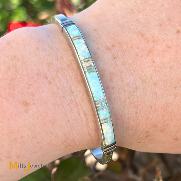 Ervin Hoskie Navajo Signed Layered Opal Inlay Sterling Silver 925 Cuff Bracelet