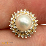 Signed 14K Yellow Gold Pearl and 0.42ctw Diamond Double Halo Post Earrings