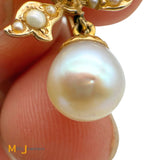 Vintage 14K Yellow Gold 0.12ctw Diamond and Seed Pearl Bow Screw Back Dangle Earrings