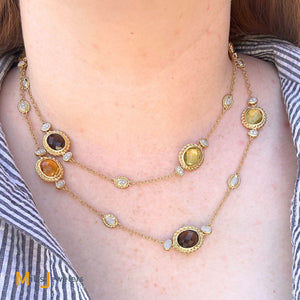 Sophia 18K Two-Tone Yellow White Gold 0.40ctw Diamond Citrine Peridot Smokey Quartz Station Necklace