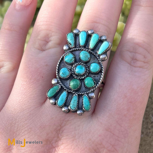 Sterling Silver 925 Petit point North South Turquoise Ring Size 8