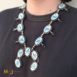 Vintage Signed R Sterling Silver 925 Turquoise and Mother of Pearl Inlay Bluebird Squash Blossom Necklace 25"