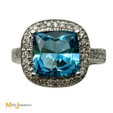 14K White Gold 4ct Cushion Cut Swiss Blue Topaz and 0.55ctw Diamond Halo Cocktail Ring Size 7