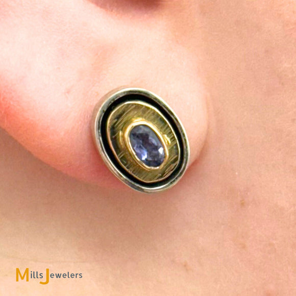 Vintage Ormachea Jewelry 18K Yellow Gold and 925 Sterling Silver 0.4ctw Tanzanite Stud Earrings
