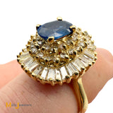 Vintage 14K Yellow Gold 1.09ct Blue Sapphire and 1.79ctw Diamond Cluster Halo Ring Size 7.25