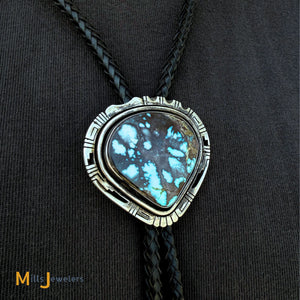 Gilbert Nelson Vintage Navajo Sterling Silver 925 Bisbee Turquoise Bolo Tie