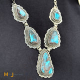 Vintage Leonard Platero Navajo Sterling Silver 925 Bisbee Turquoise Statement Necklace