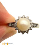 Vintage 14K White Gold 0.21ctw Diamond and 1.6ct Cultured Pearl Halo Ring Size 8