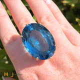 14K Yellow Gold 88.5ct Oval Blue Topaz Solitaire Cocktail Statement Ring Size 8.75