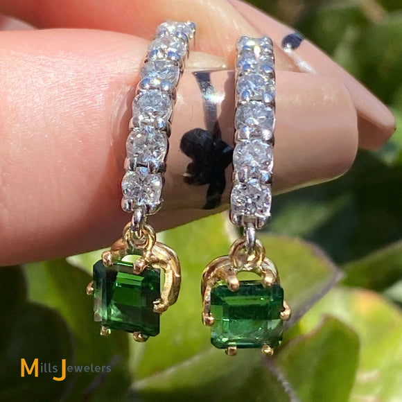 Two-Tone 18KYG 14KWG 1.51cts Tourmaline 0.96cts Diamond Dangle Earrings