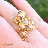 14K Tri-Tone Double Frog Moveable Diamond and Ruby Cocktail Ring Size 6