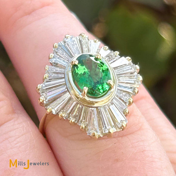 Vintage 14K Yellow Gold 1.09ct Tsavorite Garnet and 2.04ctw Diamond Ballerina Ring Size 3.25