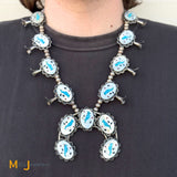 Vintage Signed R Sterling Silver 925 Turquoise and Mother of Pearl Inlay Bluebird Squash Blossom Necklace 25"
