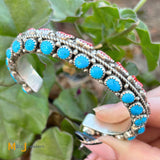 Sterling Silver Two-Row Turquoise and Coral Cuff Bracelet
