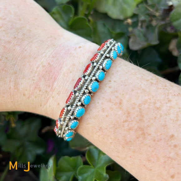 Sterling Silver Two-Row Turquoise and Coral Cuff Bracelet