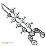 Vintage Signed R Sterling Silver 925 Turquoise and Mother of Pearl Inlay Bluebird Squash Blossom Necklace 25"