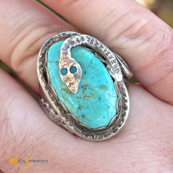 Vintage Effie Calavaza Zuni Sterling Silver 925 Turquoise Snake Ring Size 10.75