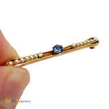 Vintage 14K Yellow Gold 0.28ct Blue Sapphire 0.05ctw Diamond and Pearl Lapel Pin