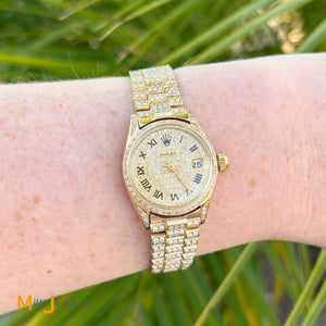 Vintage ROLEX Ladies 25mm 18K Yellow Gold 11ctw Diamond President Watch
