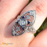 Vintage 18K White Gold Synthetic Blue Sapphire and 0.09ctw Diamond Art Deco Ring Size 6.5