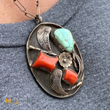 Vintage Emil Benally Navajo Sterling Silver Turquoise Coral Pendant Necklace