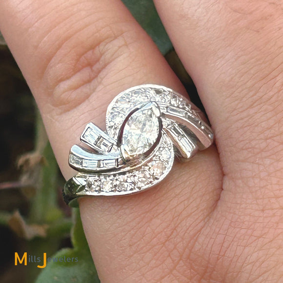 Vintage Platinum 1.10ctw Marquise Baguette Round Platinum Engagement Ring Size 8