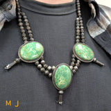 Vintage Signed DO Sterling Silver Royston Turquoise Three Blossom Beaded Necklace 26”