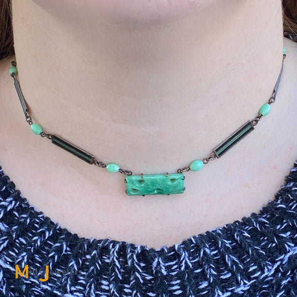 Vintage Carved Jade Black Enamel Sterling Silver Choker Necklace