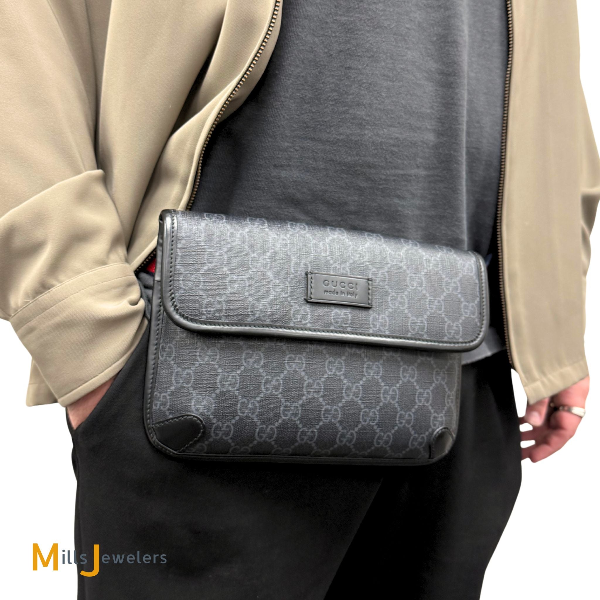 Gucci GG Supreme Black/Grey Coated Canvas Belt Flap Bag – Mills