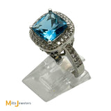 14K White Gold 4ct Cushion Cut Swiss Blue Topaz and 0.55ctw Diamond Halo Cocktail Ring Size 7