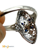 Vintage 18K White Gold Synthetic Blue Sapphire and 0.09ctw Diamond Art Deco Ring Size 6.5
