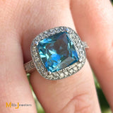 14K White Gold 4ct Cushion Cut Swiss Blue Topaz and 0.55ctw Diamond Halo Cocktail Ring Size 7