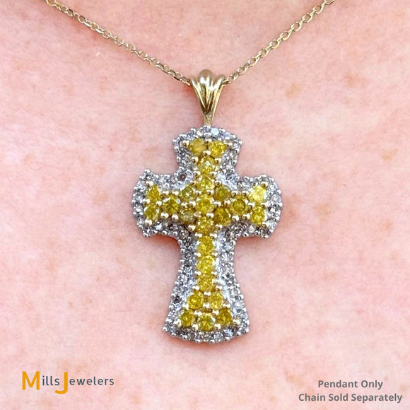 Signed Heng Ngai Jewelry 14K Two-Tone Gold 0.72ctw Yellow and 0.27ctw White Diamond Cross Pendant