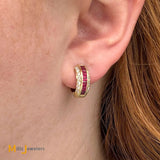 18K Yellow Gold 0.70ctw Diamond and Princess-Cut Ruby Huggie Earrings